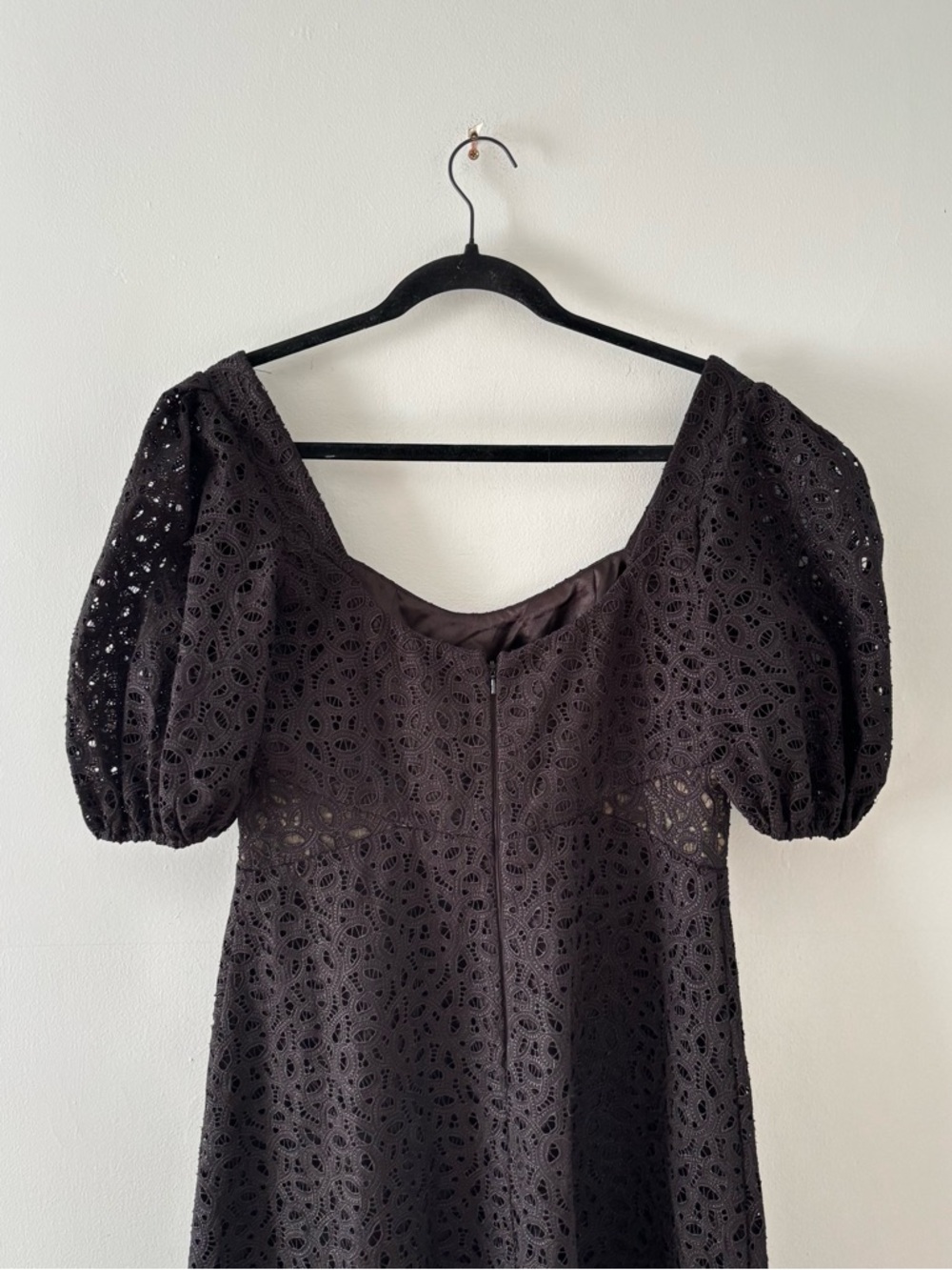 Monique Lhuillier Lace Puff Sleeves Midi Dress Sweetheart Neckline Formal Black - Picture 9 of 9
